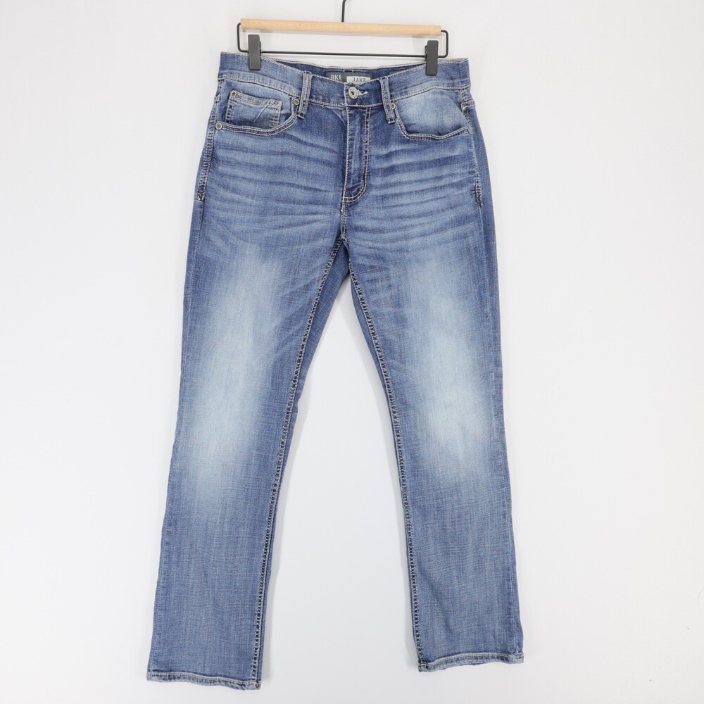 BKE Jake Jeans Mens 31R Blue Straight Leg Stretch Denim Coolmax Buckle